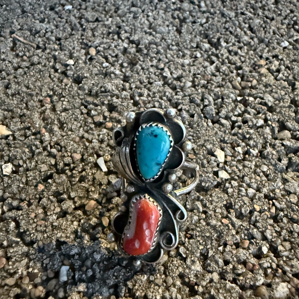 Turquoise and Coral Silver Ring